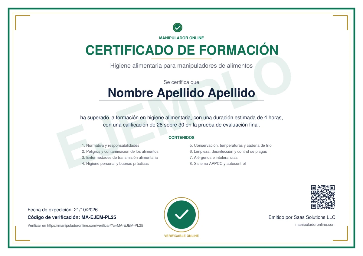 Ejemplo de certificado de formación en higiene alimentaria con nombre, fecha y código de verificación